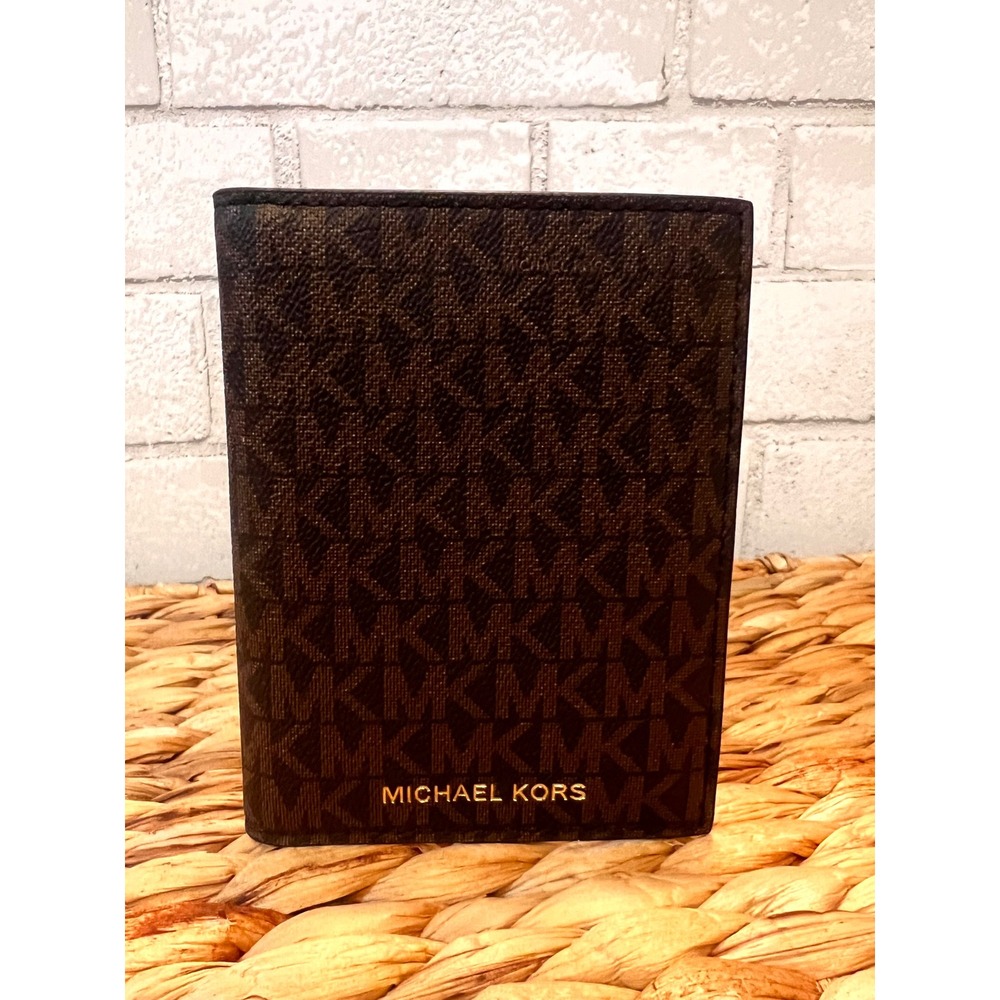 Michael Kors Brown‎ MK Logo Passport Holder Wallet Travel Case Card Slots